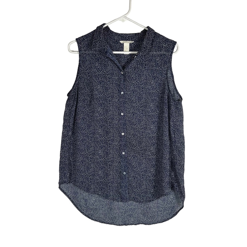 H&M Womens Navy Blue White Micro Dot Sleeveless Button Down Blouse Size‎ 12